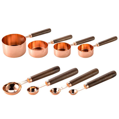 8Pcs Stainless Steel Measuring Cup Gold-plated Measuring Spoon Acacia Wood Handle Measuring Spoon Measuring Tool Set of Eight