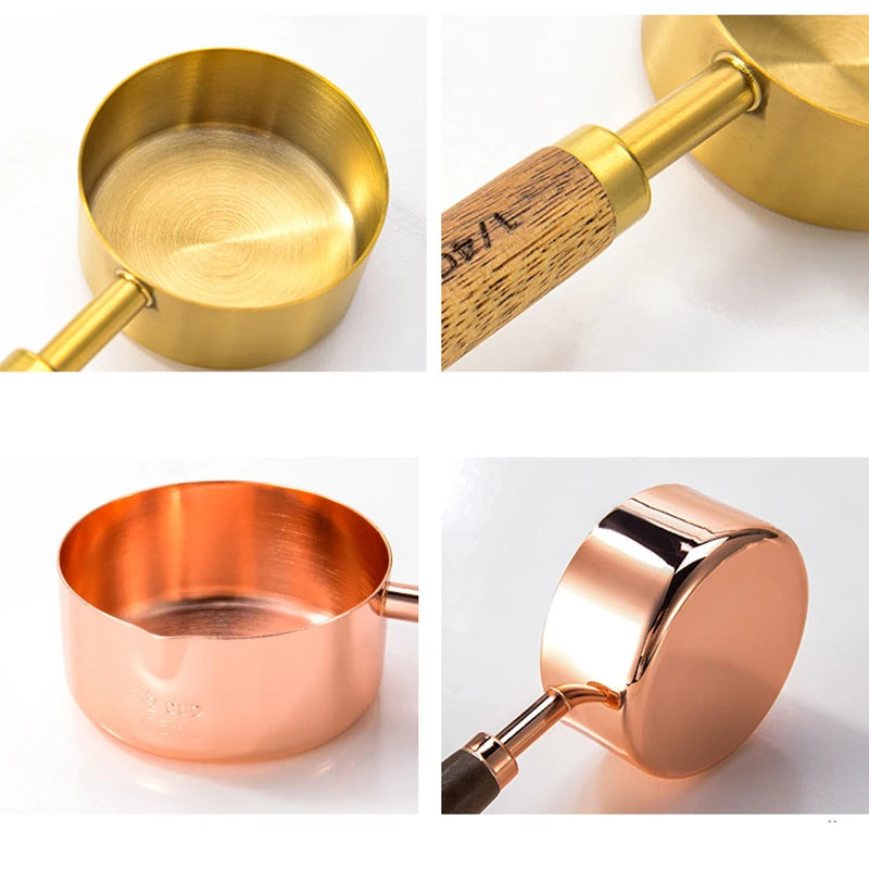 8Pcs Stainless Steel Measuring Cup Gold-plated Measuring Spoon Acacia Wood Handle Measuring Spoon Measuring Tool Set of Eight