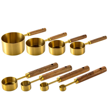 8Pcs Stainless Steel Measuring Cup Gold-plated Measuring Spoon Acacia Wood Handle Measuring Spoon Measuring Tool Set of Eight