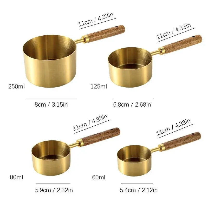 8Pcs Stainless Steel Measuring Cup Gold-plated Measuring Spoon Acacia Wood Handle Measuring Spoon Measuring Tool Set of Eight