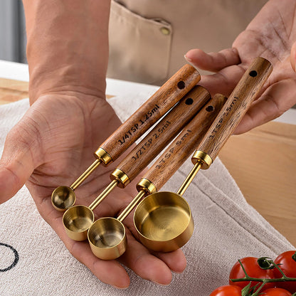 8Pcs Stainless Steel Measuring Cup Gold-plated Measuring Spoon Acacia Wood Handle Measuring Spoon Measuring Tool Set of Eight