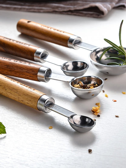 8Pcs Stainless Steel Measuring Cup Gold-plated Measuring Spoon Acacia Wood Handle Measuring Spoon Measuring Tool Set of Eight