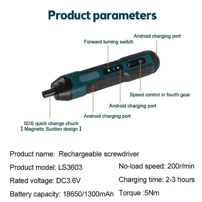 Mini Cordless Electric Screwdriver 1300mah Rechargeable Adjustment Power Drill Multi-function Disassembly Torque Repair Tools