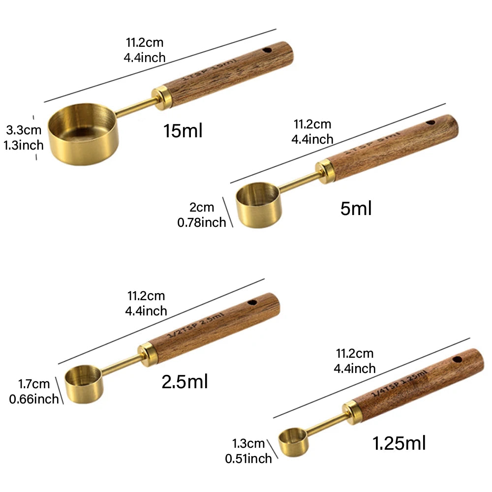 8Pcs Stainless Steel Measuring Cup Gold-plated Measuring Spoon Acacia Wood Handle Measuring Spoon Measuring Tool Set of Eight