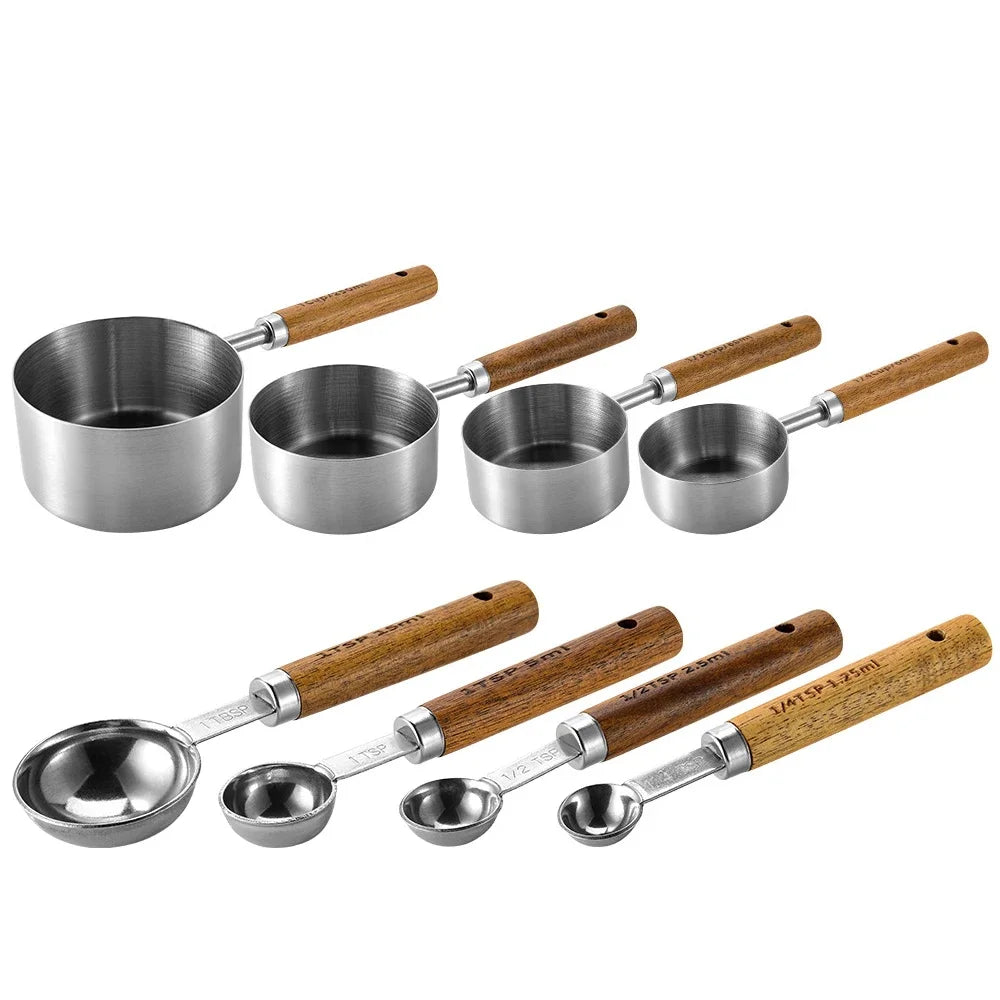 8Pcs Stainless Steel Measuring Cup Gold-plated Measuring Spoon Acacia Wood Handle Measuring Spoon Measuring Tool Set of Eight