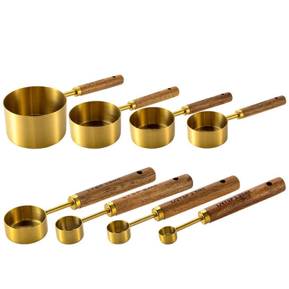 8Pcs Stainless Steel Measuring Cup Gold-plated Measuring Spoon Acacia Wood Handle Measuring Spoon Measuring Tool Set of Eight