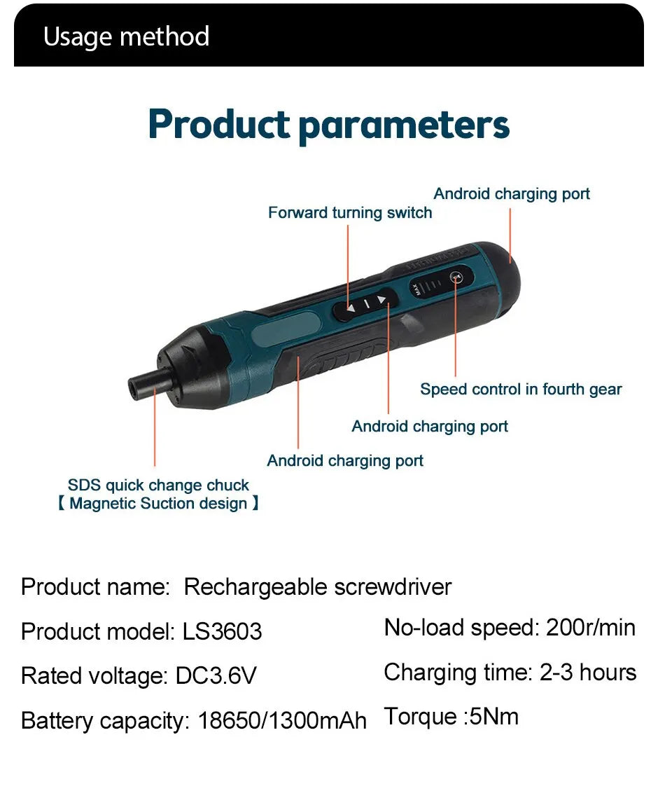 Mini Cordless Electric Screwdriver 1300mah Rechargeable Adjustment Power Drill Multi-function Disassembly Torque Repair Tools